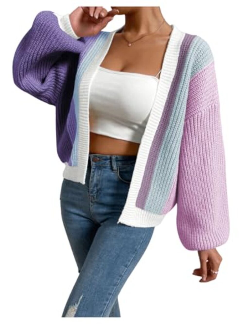 Women Chunky Knit Cropped Cardigan Open Front Lantern Sleeve